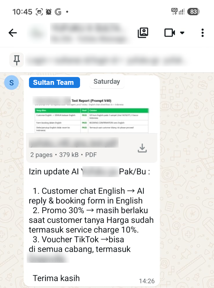Tim Sultan kirim laporan update AI di grup WhatsApp
